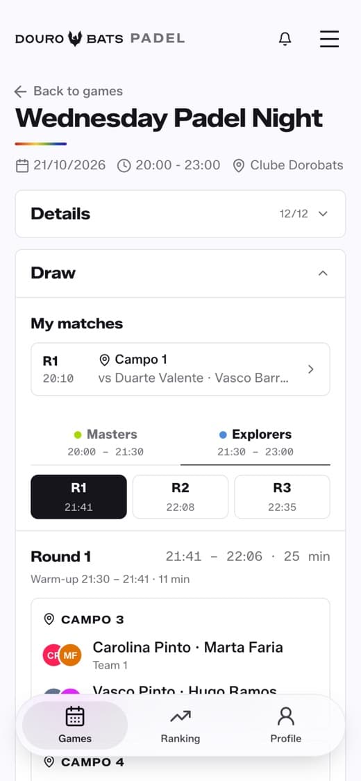 A página de um jogo com os horários dos Masters e Explorers e os jogadores confirmados