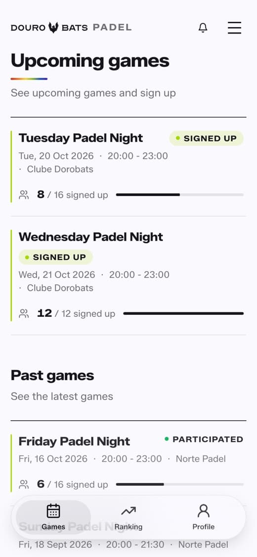 A lista de jogos na app, com as inscrições de cada jogo